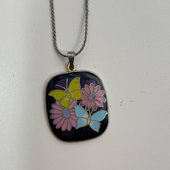 Vintage CLOISONNÉ Butterfly Spring Floral Pastel Fairy Cottage Core Necklace - Picture 4 of 9
